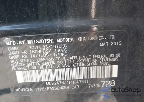 2015 Mitsubishi Mirage De/Rf из США, поврежденный, VIN ML32A3HJ4FH047341